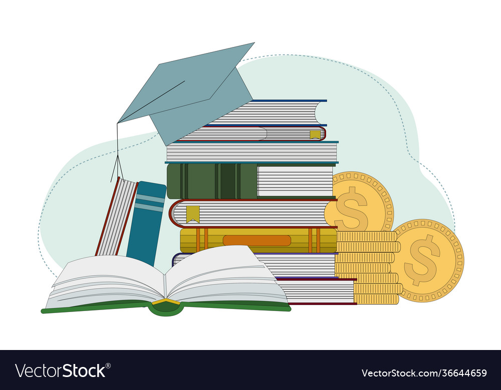 Books graduation hat and a stack coins