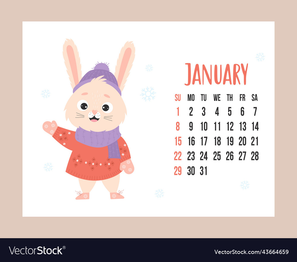 January 2023 calendar cute winter bunny