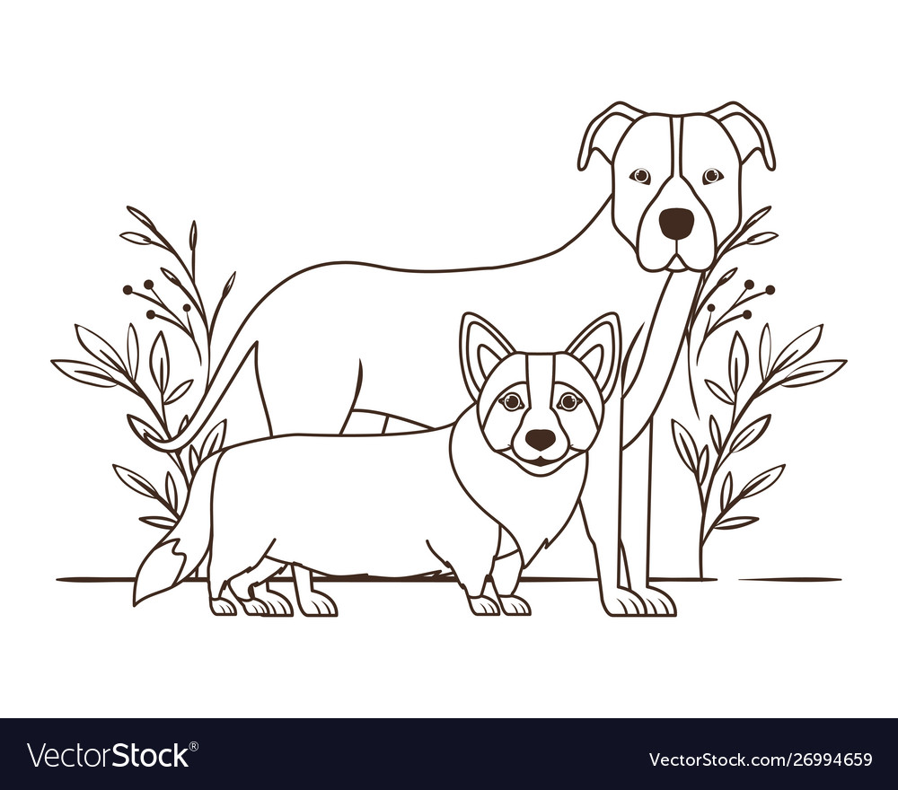 Silhouette cute and adorable dogs with leaves Vector Image