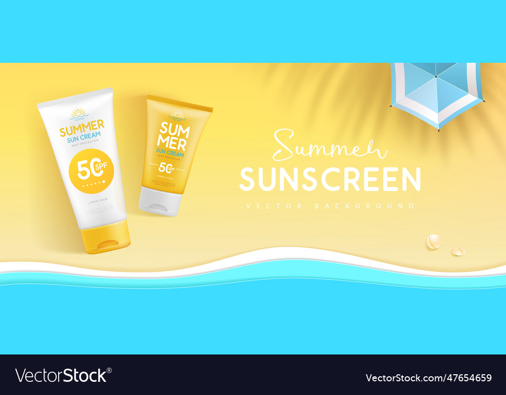 Top view summer background with 3d sunscreen tubes