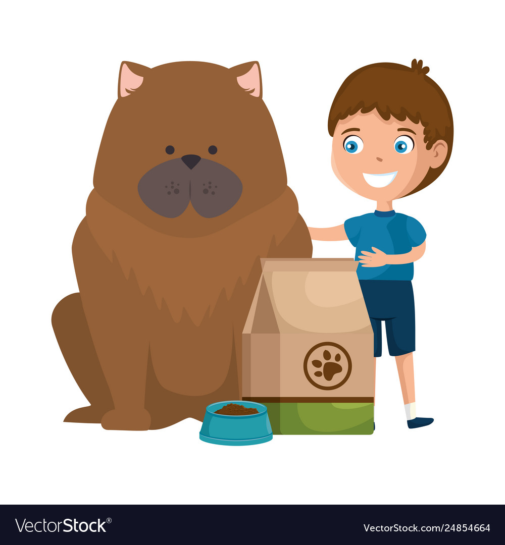 Cute little boy with dog and food bag