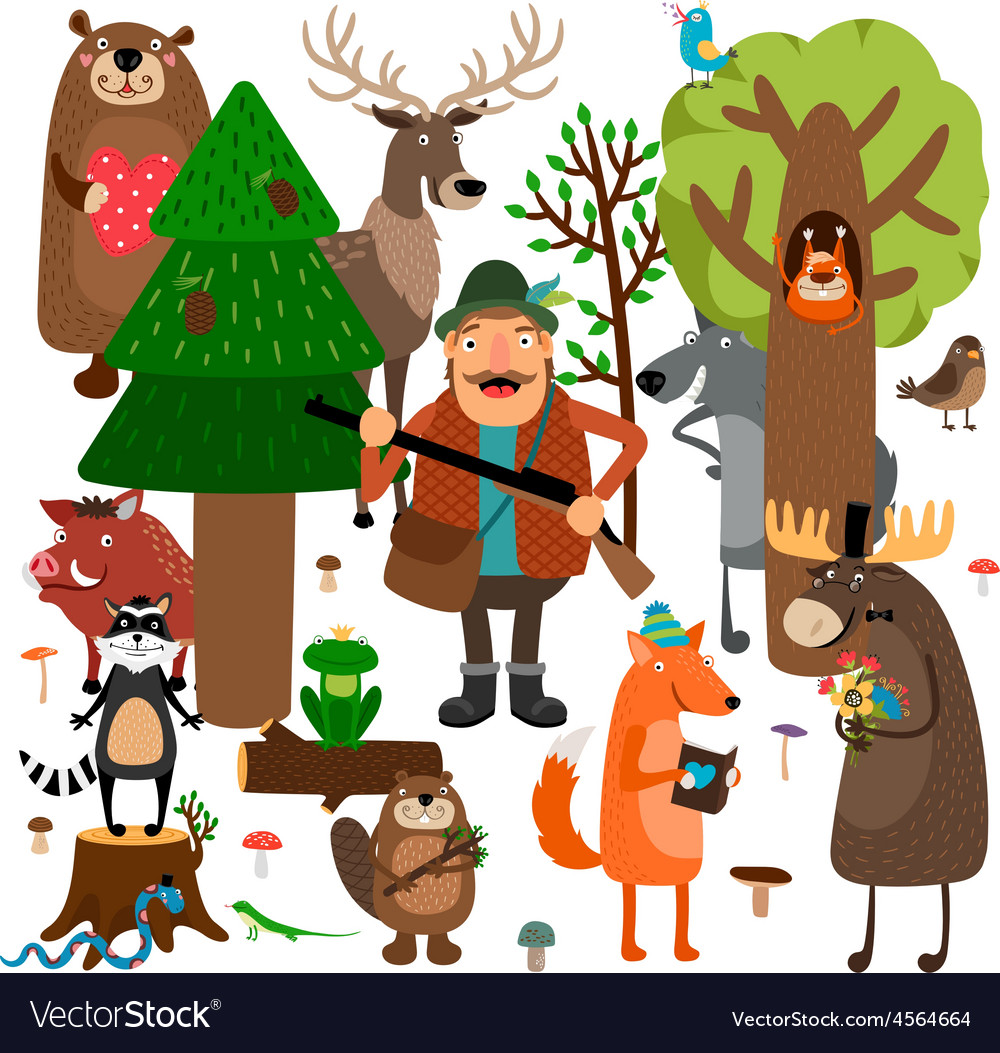 Forest animals and hunter Royalty Free Vector Image