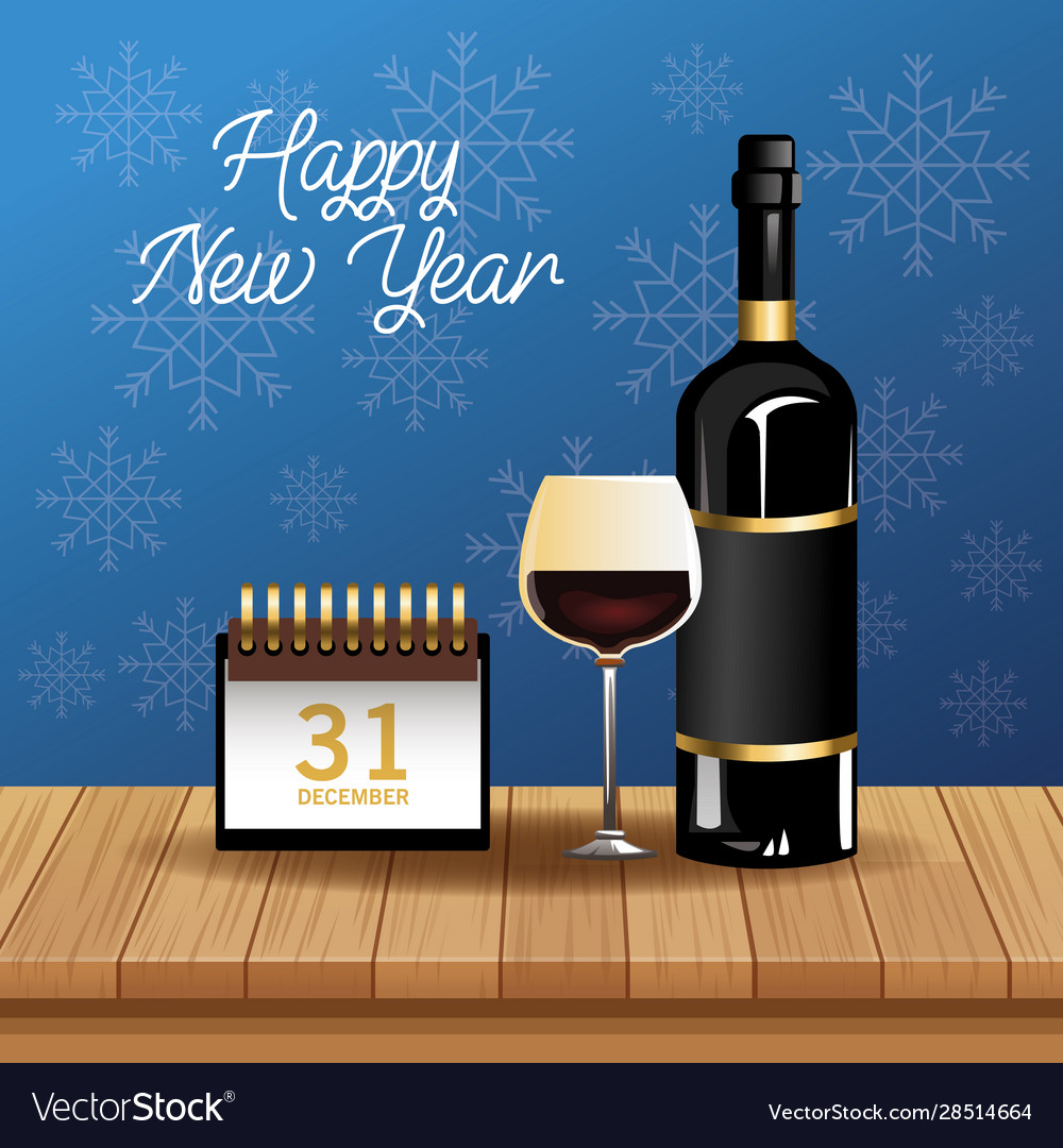 Happy new year card with wine and calendar Vector Image