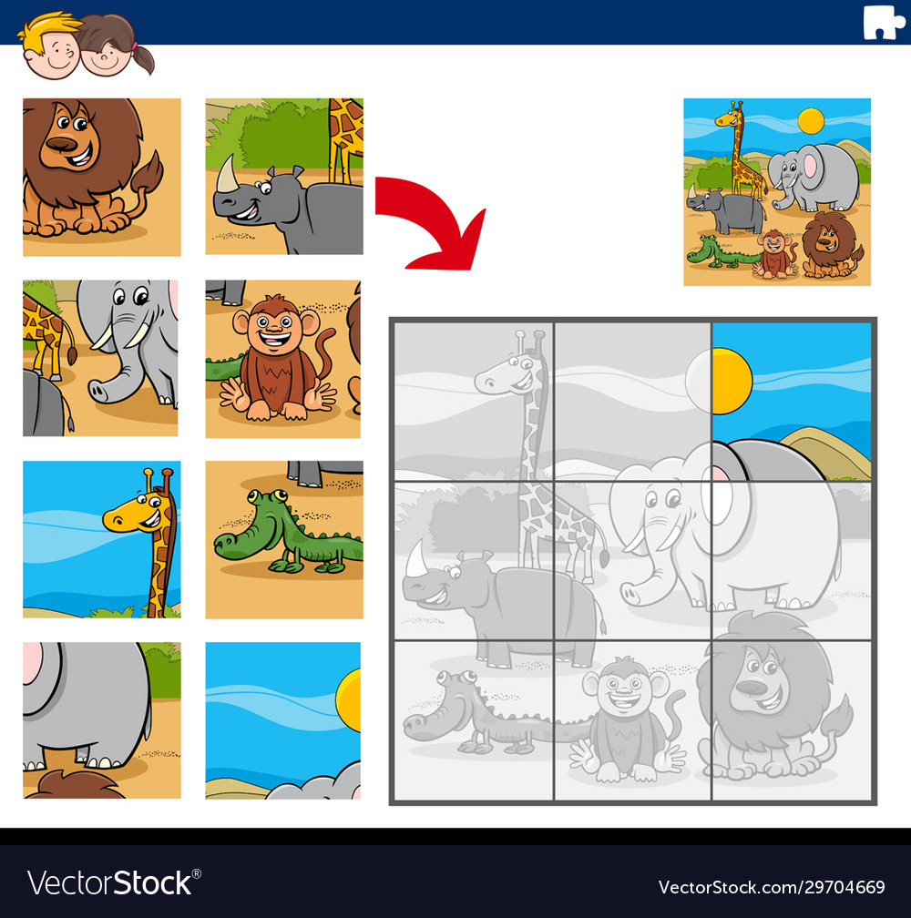 Jigsaw puzzle game with cartoon animals Royalty Free Vector