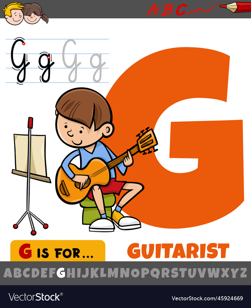 Letter g from alphabet with cartoon guitarist boy Vector Image