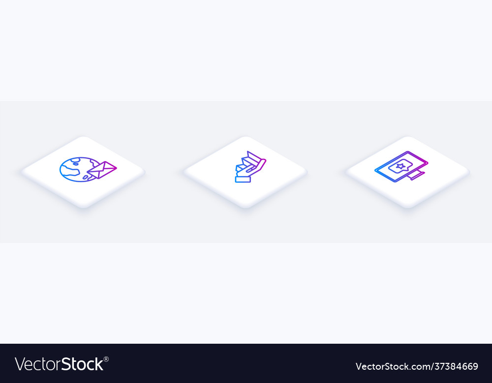 Set isometric line earth globe with mail pie