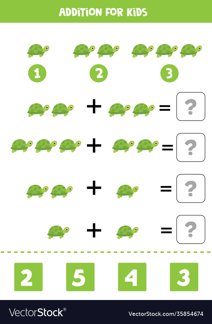 Addition worksheet with cartoon turtle math game