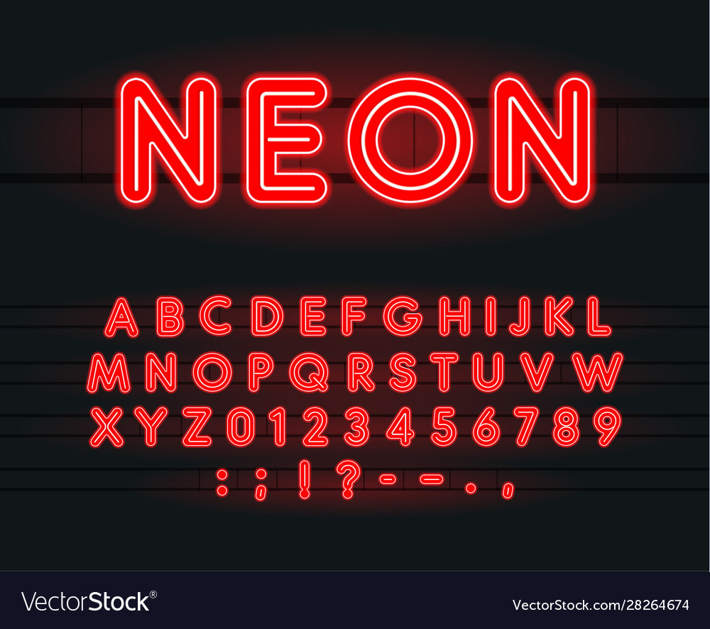 Set neon letters numbers and signs vector image Set neon letters numbers and signs