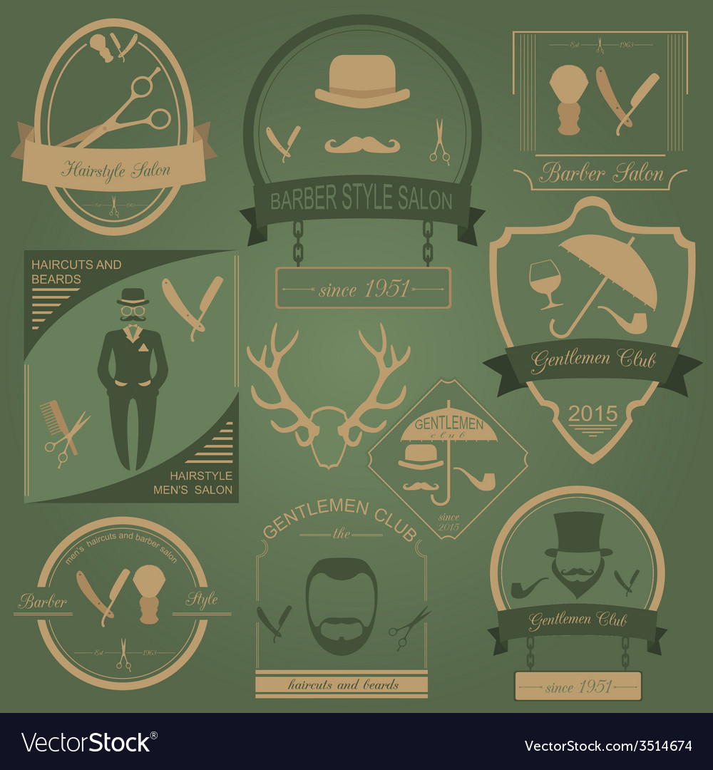 Set Of Vintage Barber Hairstyle And Gentlemen Club