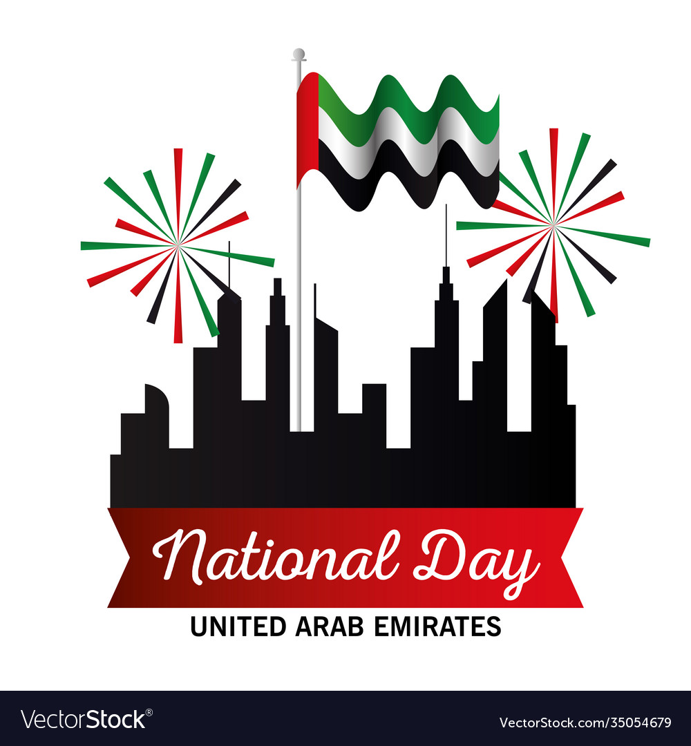 Uae national day with city buildings fireworks and