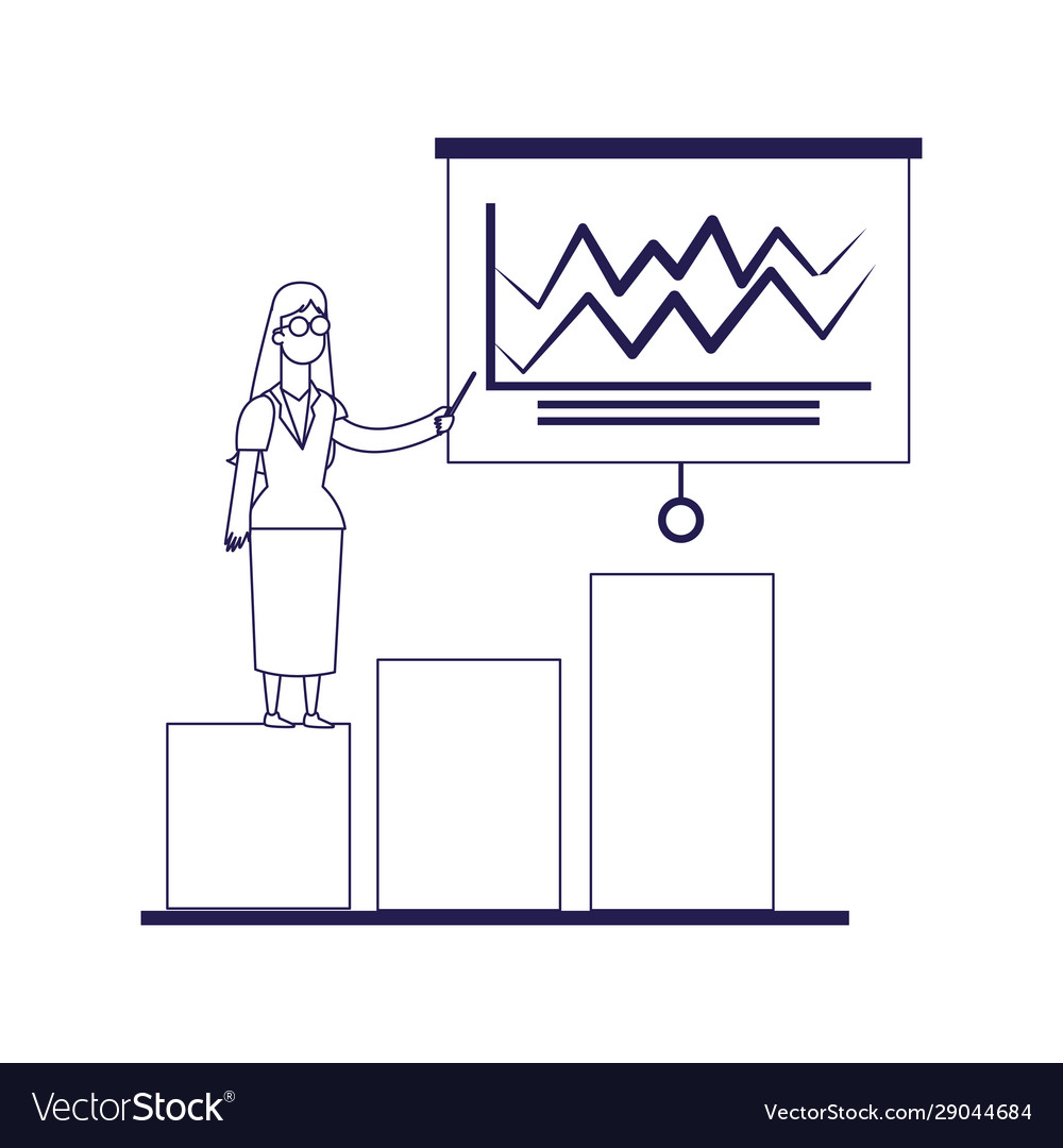 Graphic bar chart with woman pointing a board