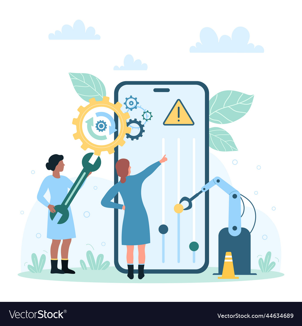 Phone smart system customization tiny people move vector image Phone smart system customization tiny people move