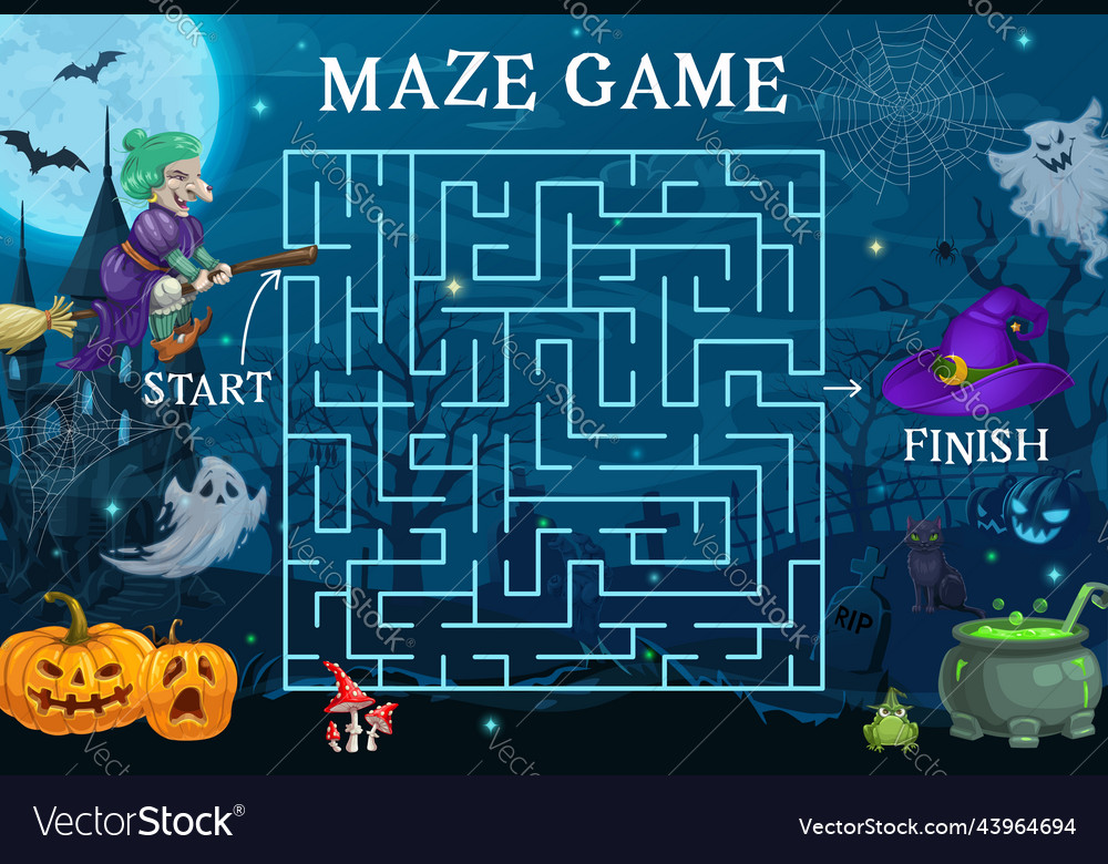 Halloween labyrinth maze help to witch kids game Vector Image