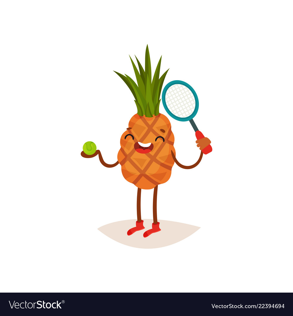 Laughing pineapple standing with ball and tennis