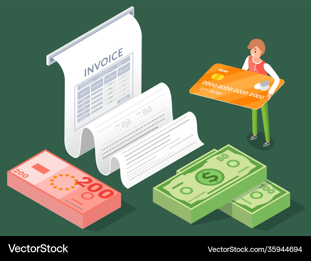 Man is standing near invoice and stacks Royalty Free Vector