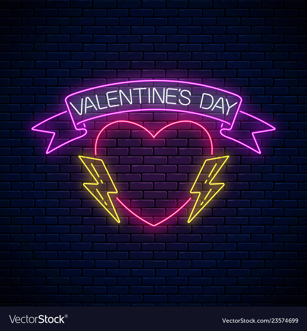 Glowing neon valentines day sign with heart shape