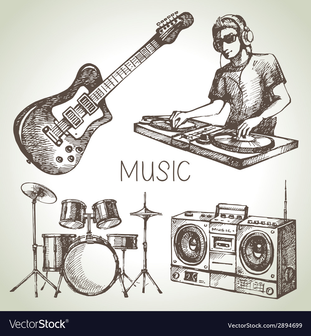 Sketch music set hand drawn of dj icons