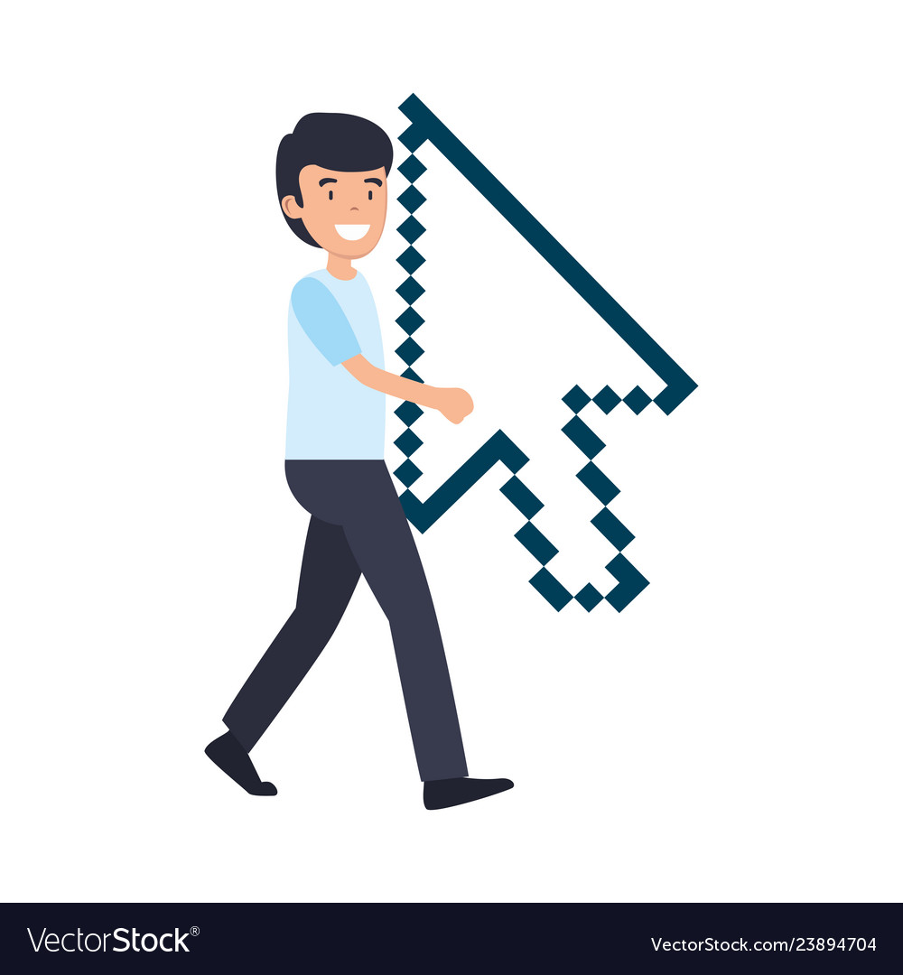 Man lifitng arrow mouse pointer vector image Man lifitng arrow mouse pointer