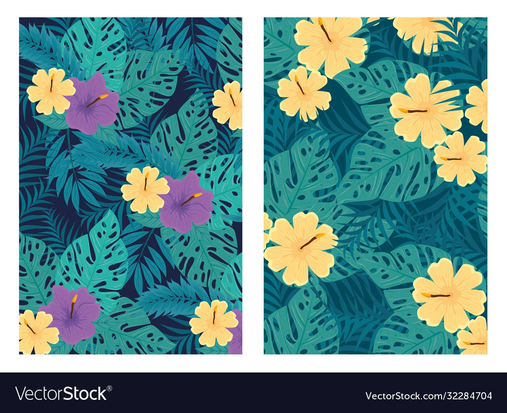 Set tropical backgrounds flowers purple Royalty Free Vector