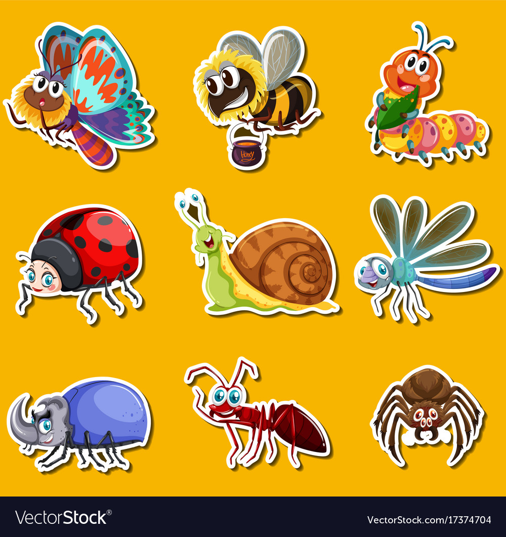 Sticker set with many insects on yellow background