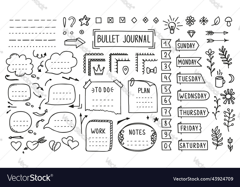 Bullet journal, doodle diary elements or page stickers and vector