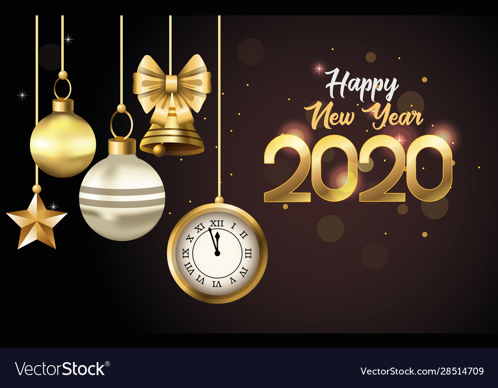 Happy new year card with watch and balls hanging Vector Image