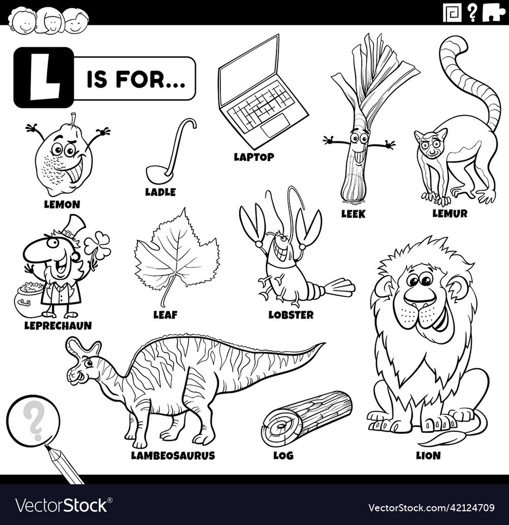 Letter l words educational set coloring book page Vector Image