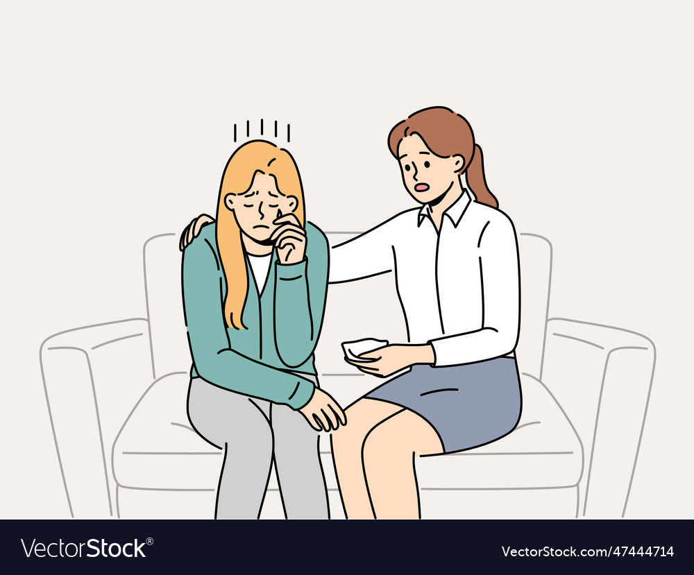 Crying woman at reception of psychologist