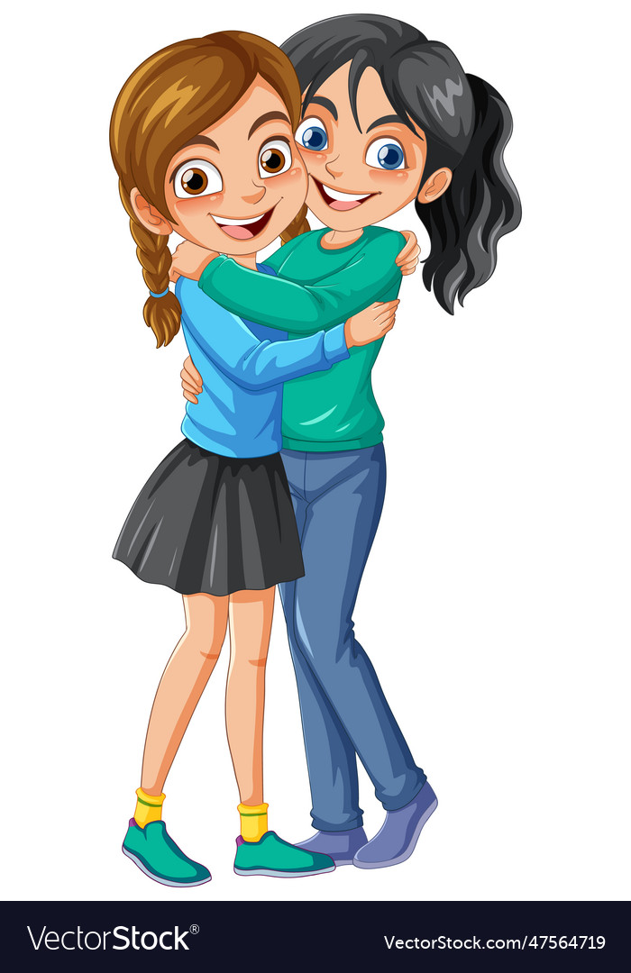 Female couple hugging cartoon character Royalty Free Vector