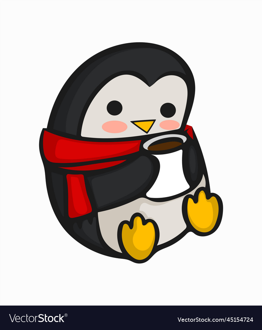 Cute penguin with red scarf and cup of hot drink