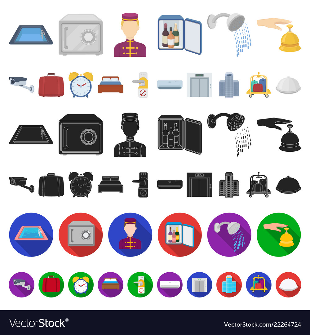 Hotel and equipment cartoon icons in set