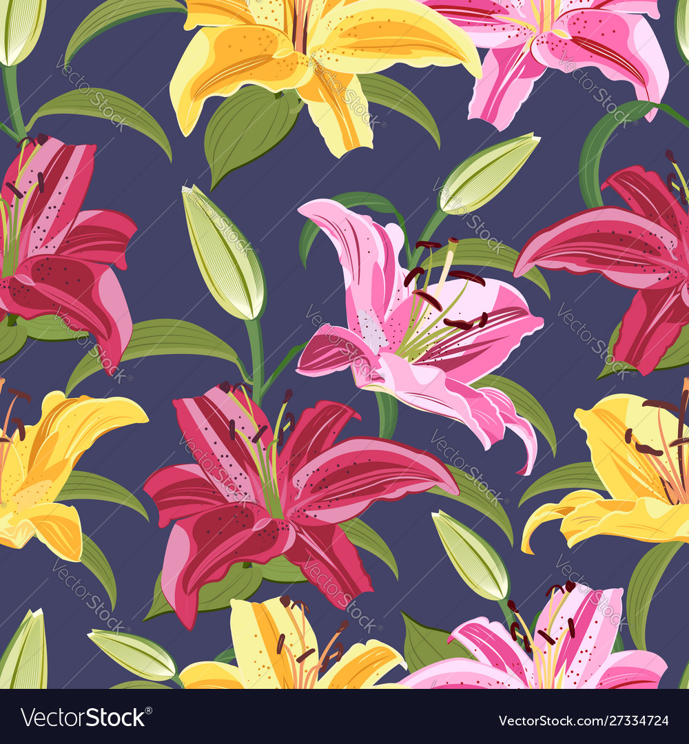 Lily Flower Seamless Pattern On Blue Background Vector Image