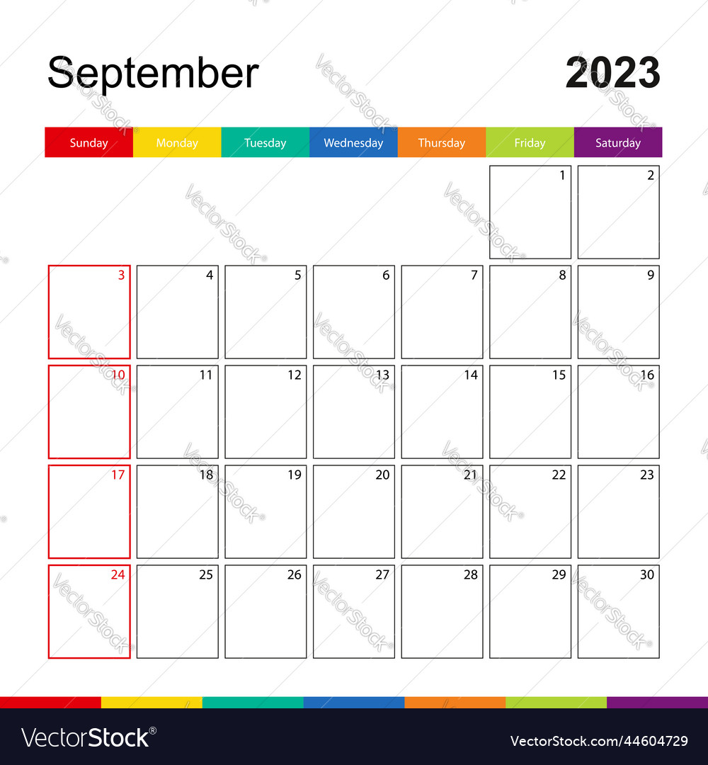 September 2023 colorful wall calendar week starts Vector Image