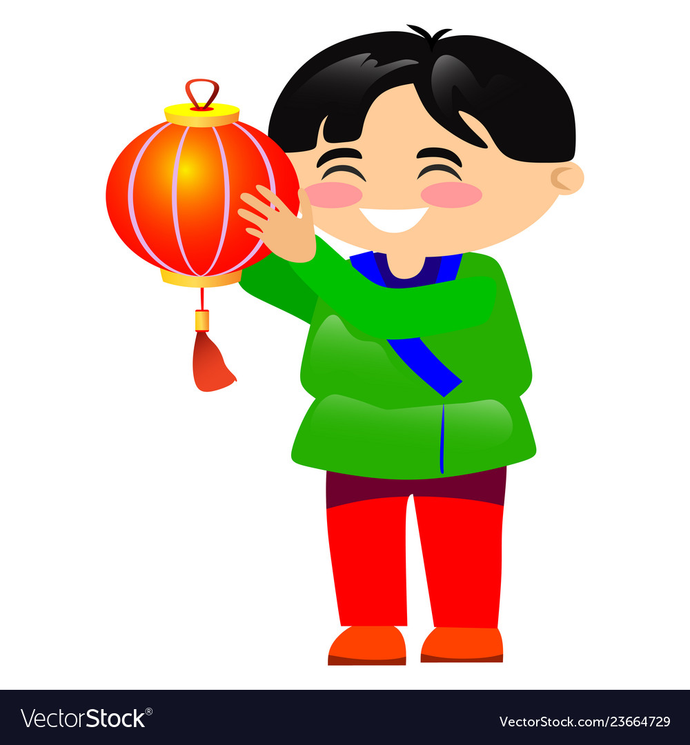 Young Dark Haired Asian Man Holding Red Lantern Vector Image