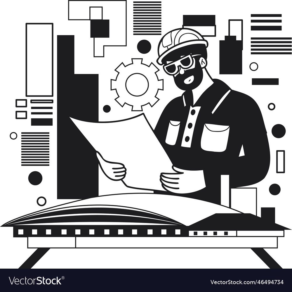 Male engineer creating blueprints and plans Vector Image