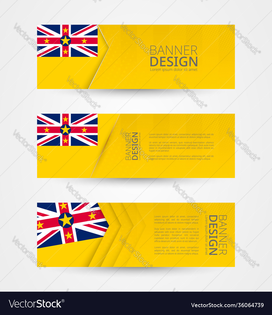 Set three horizontal banners with flag niue