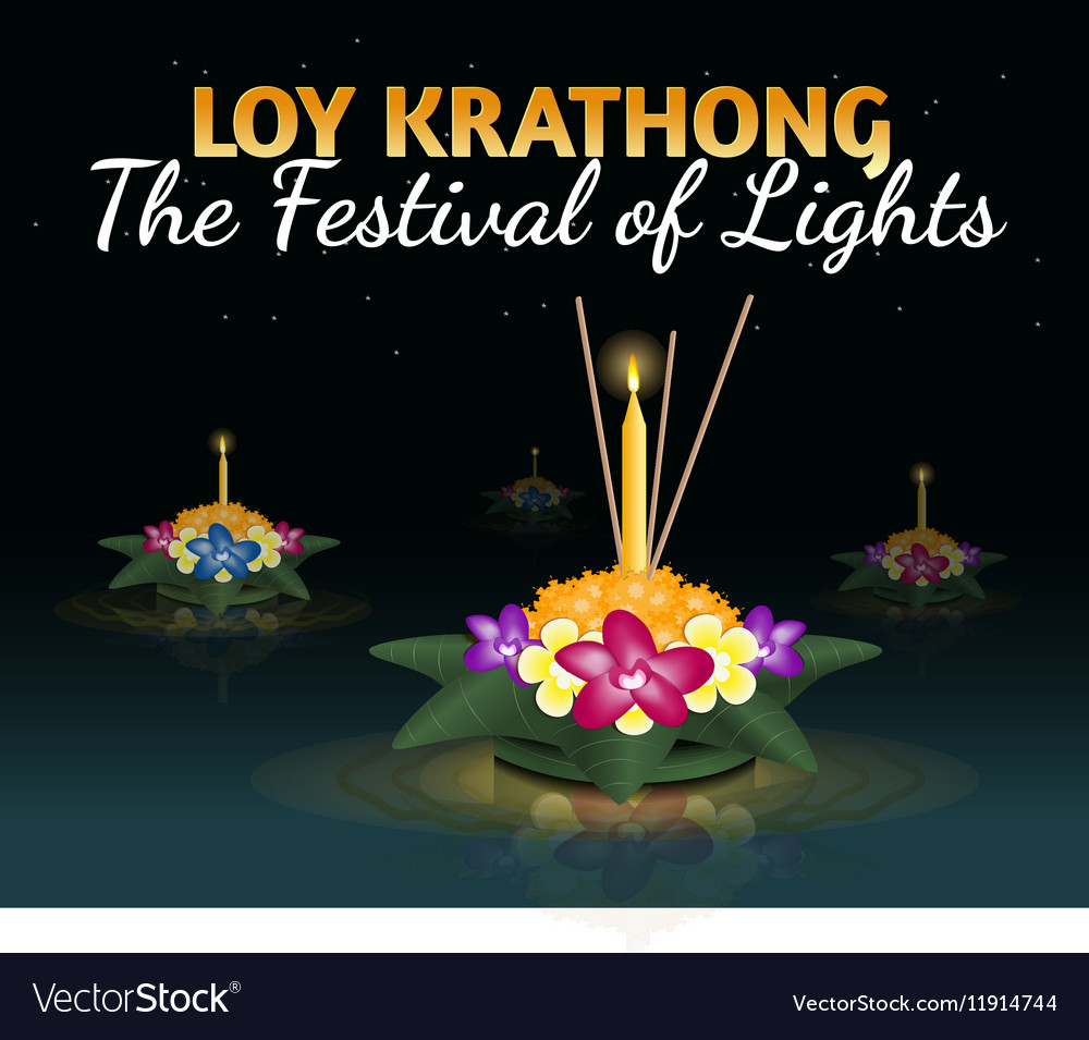 Loy krathong greeting card with floating krathongs