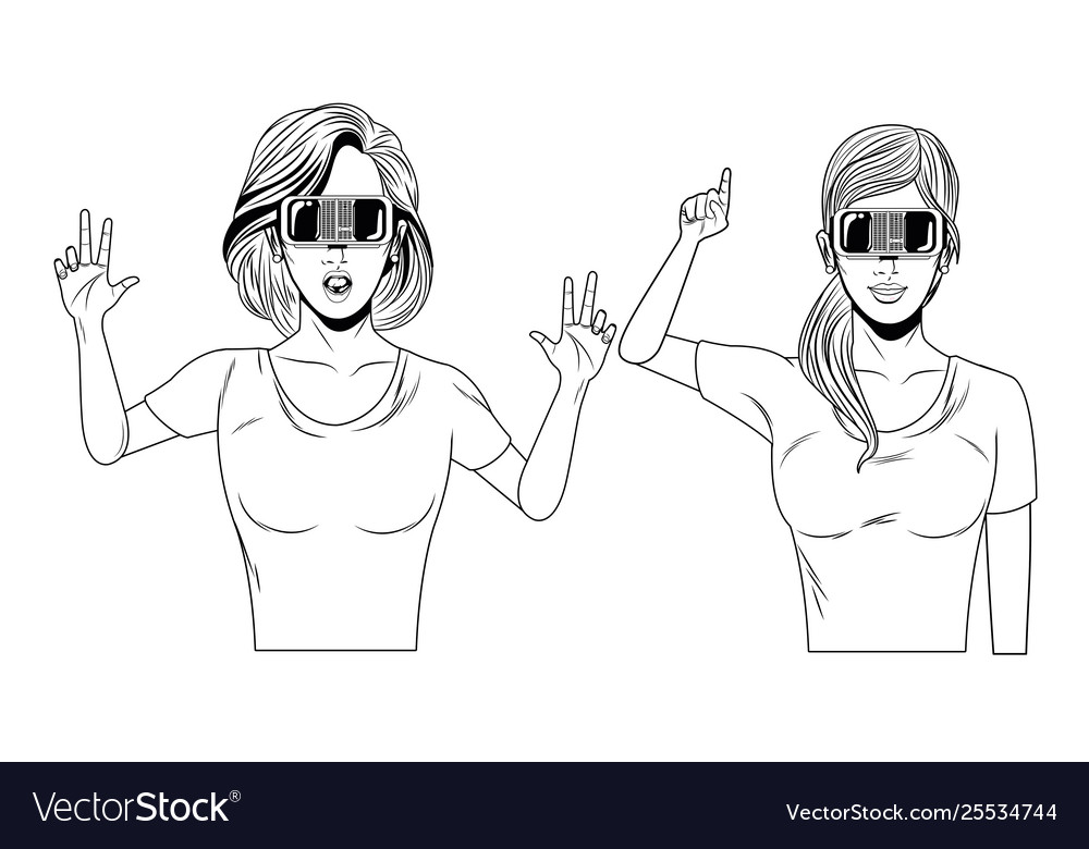 Women with virtual reality headset black and white