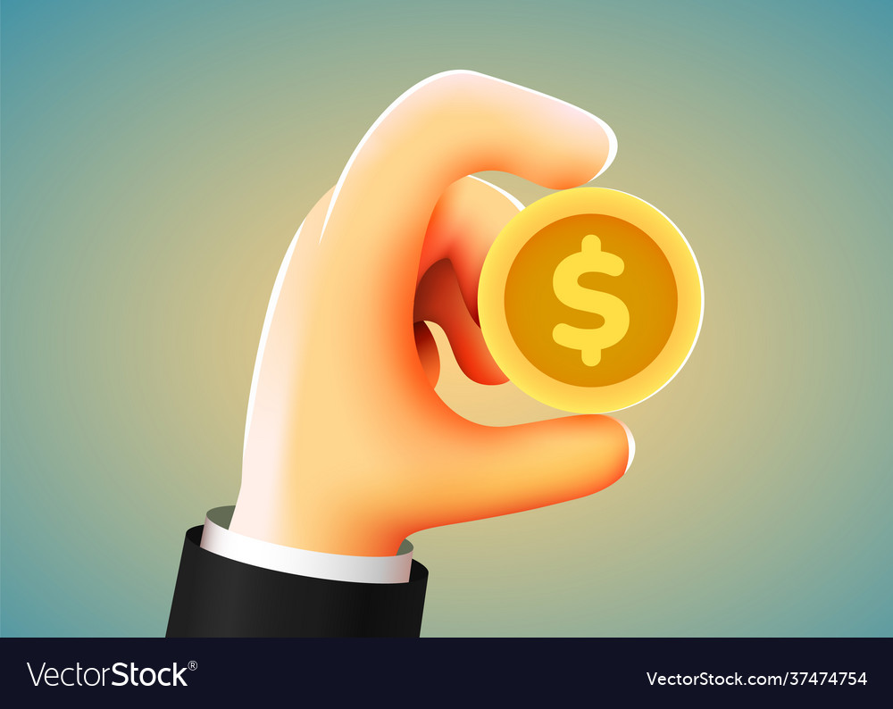 3d cartoon hand holding golden dollar coin