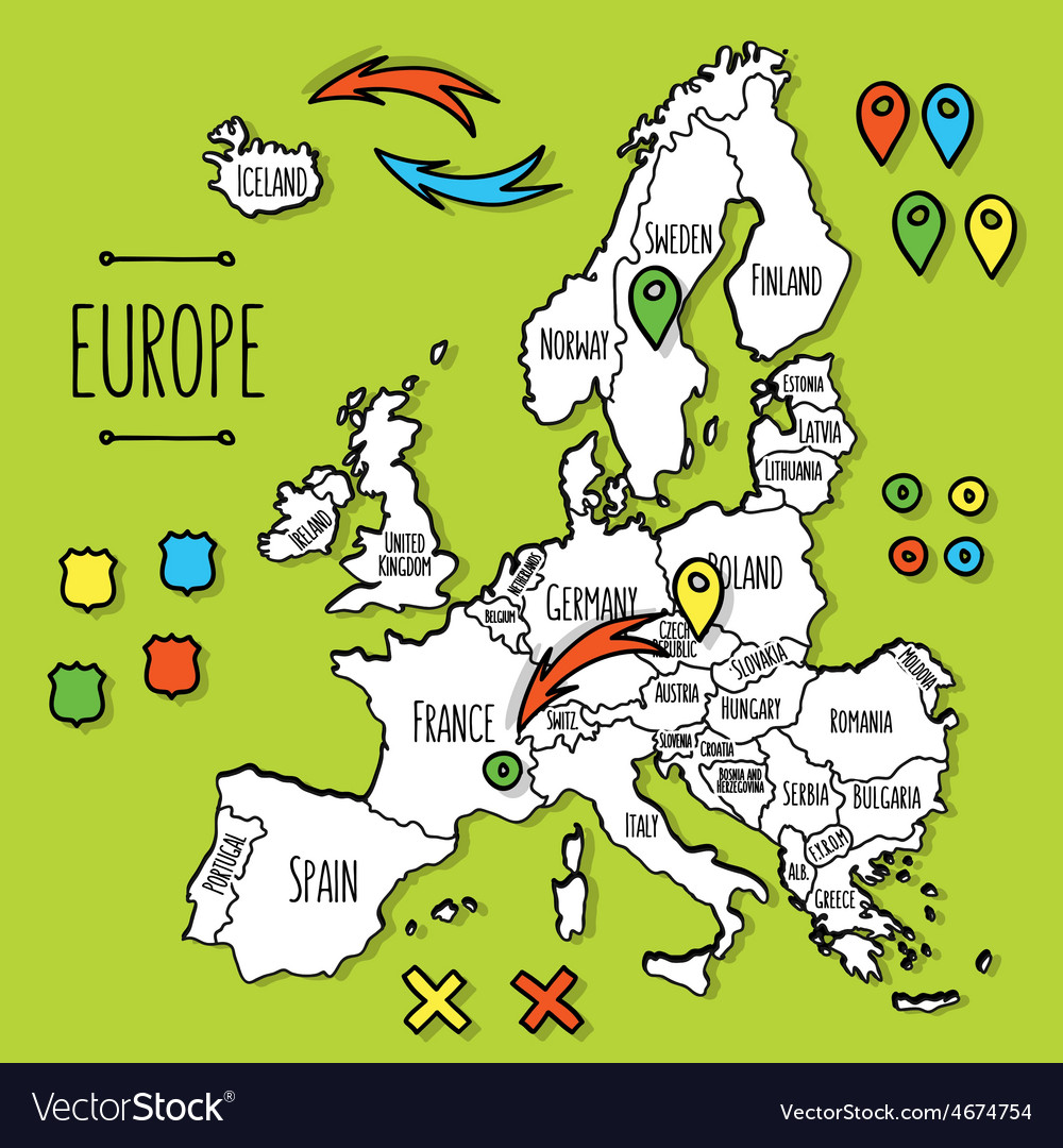 Cartoon Style Hand Drawn Travel Map Of Europe With Cartoon Style Hand Drawn Travel Map Of Europe With Vector 4674754