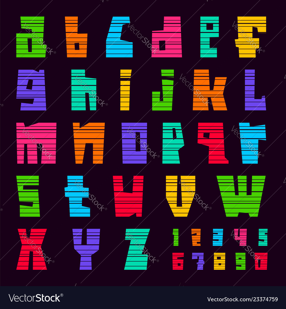 Colorful font cut stripes trendy alphabet bright vector image Colorful font cut stripes trendy alphabet bright