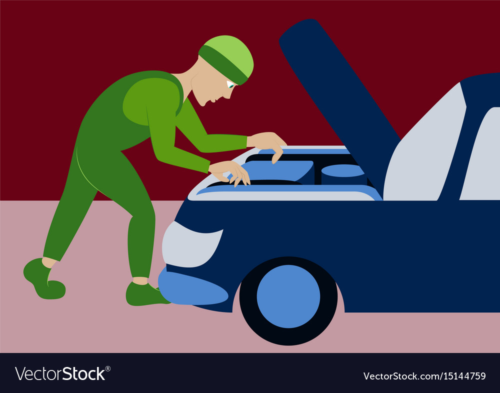 Mechanic repairs car motor Royalty Free Vector Image