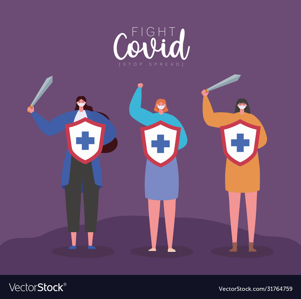 Women with masks and shields cross fight Vector Image