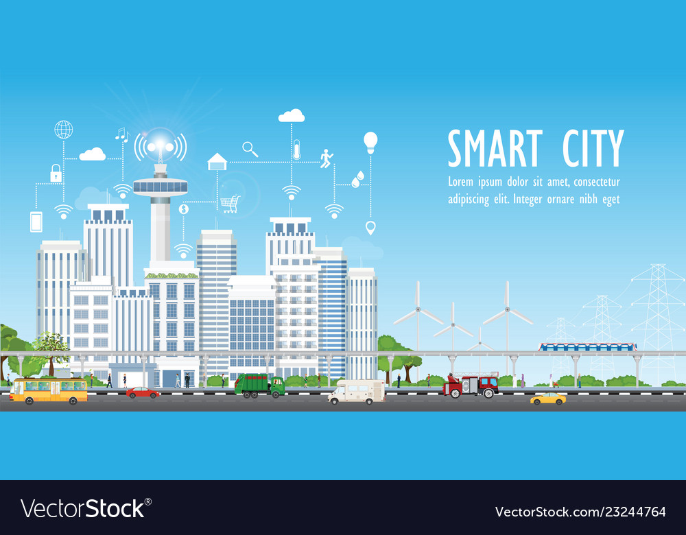 Smart city on urban landscape with different icons