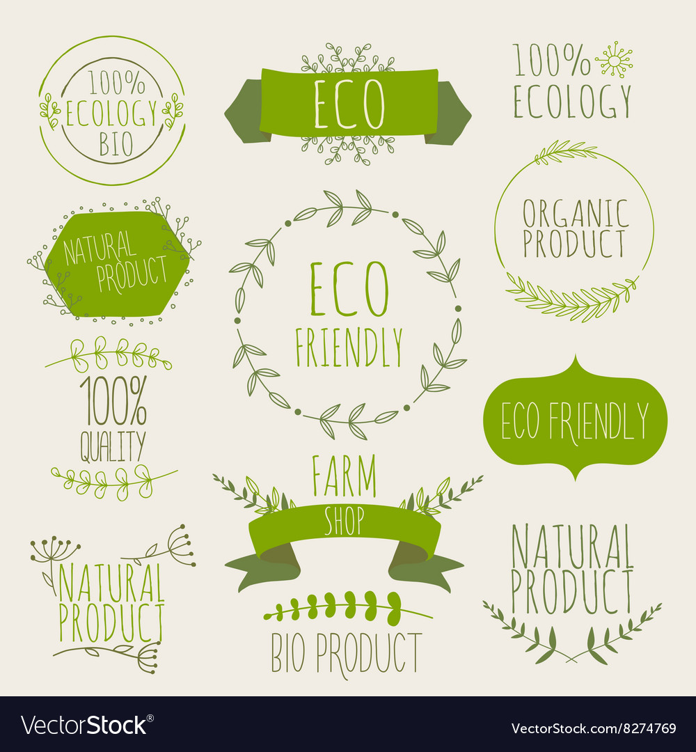 Collection of green labels and badges for organic Vector Image