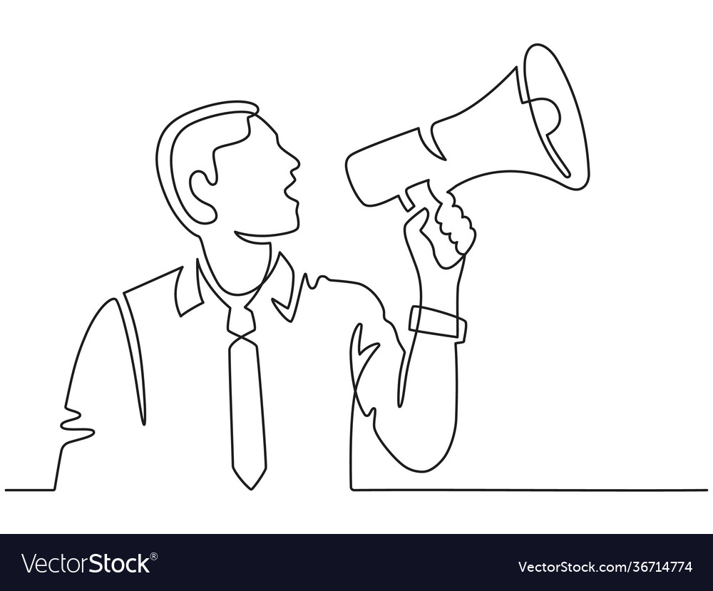 Continuous line man with megaphone male Royalty Free Vector