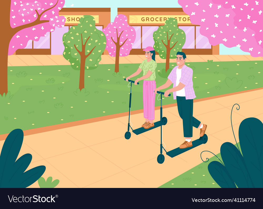 Happy couple riding electric scooters flat color