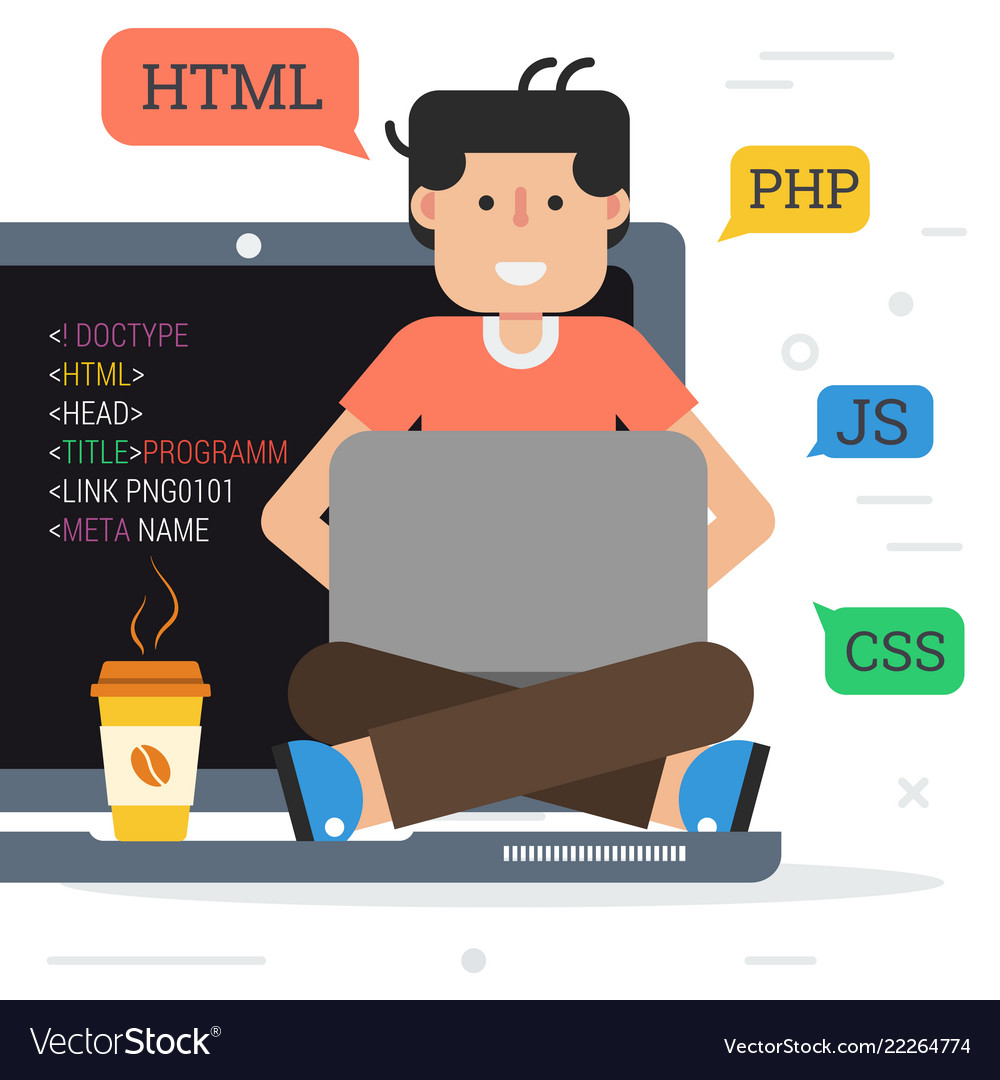 Happy programmer on computer with coffee Vector Image