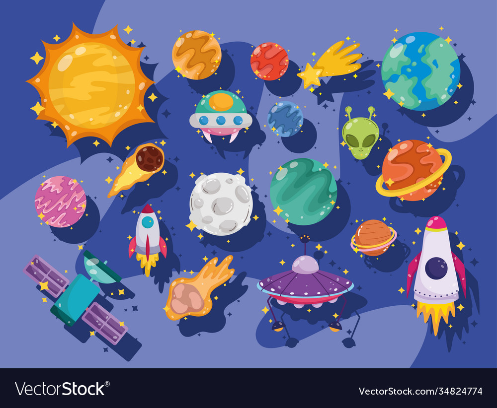 Space galaxy astronomy in cartoon set icons