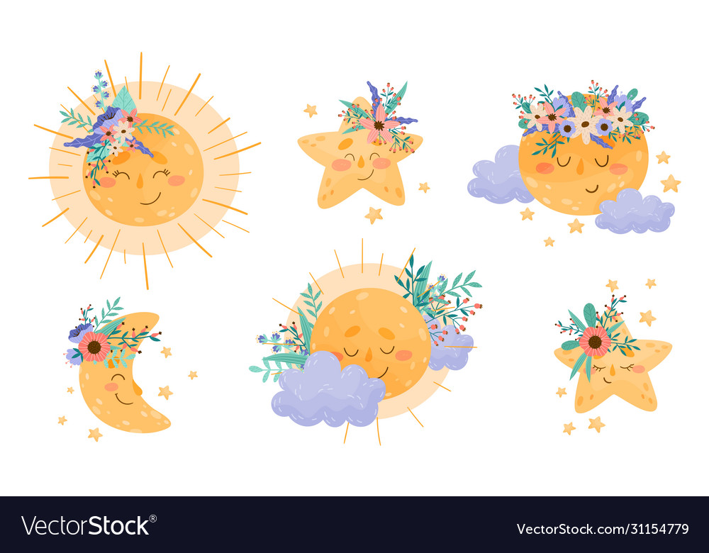 Cartoon moon and sun shining at night and by day Vector Image